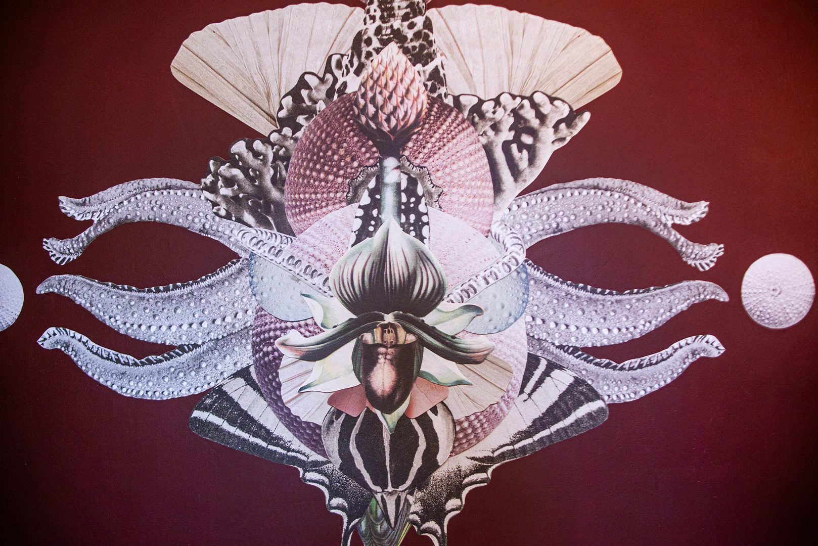 Fresque murale en collage dans une chambre, composition colorée en papiers et textures, vue de face du visuel.