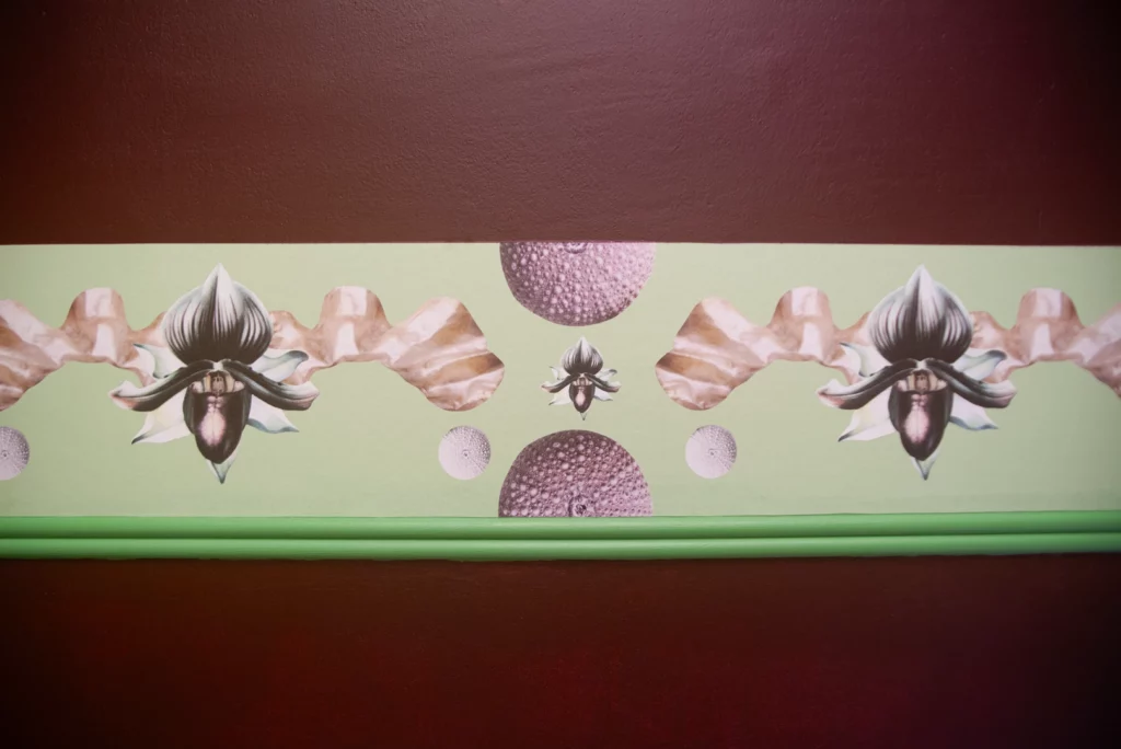 Gros plan de la frise murale, textures papier et motifs de fleur.